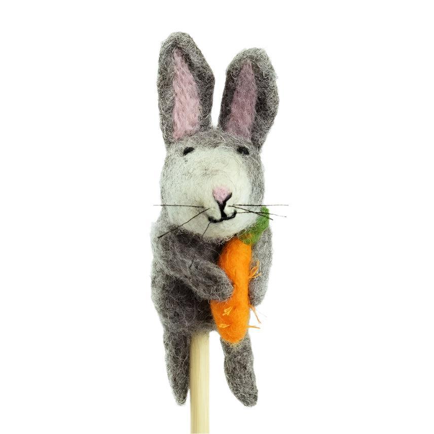 Felted Wool Finger Puppets from The Winding Road - Bunny w/ Carrot (Grey)