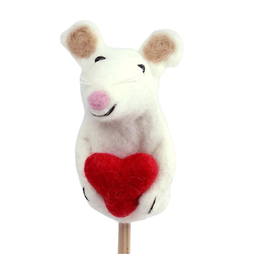 Felted Wool Finger Puppet - Mouse w/ Heart