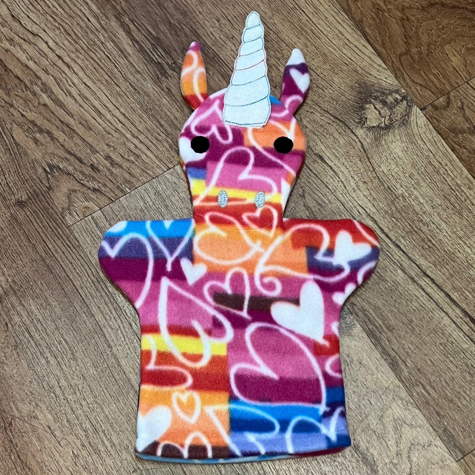 Fleece Hand Puppets - Fanciful Unicorn (Hearts)