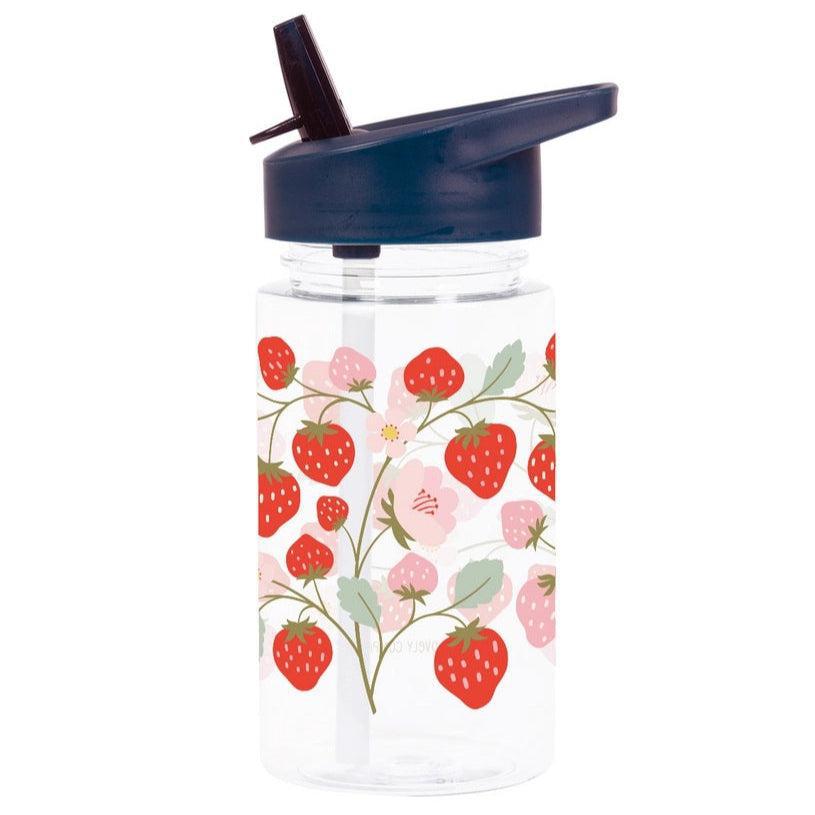 Plastic Water Bottle w/ Straw - Strawberries