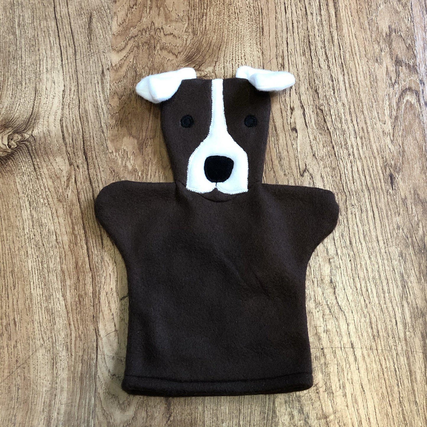 Fleece Hand Puppet - Brown w/ White Dog